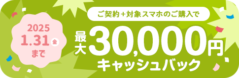 ご契約＋対象スマのホご購入で最大30,000円キャッシュバック！詳しくはクリック！