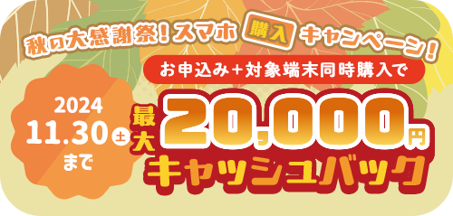 秋の大感謝祭！スマホ購入キャンペーン！詳しくはクリック！