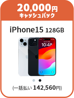 iPhone15 128GB 端末色の種類（ブルー、ブラック）、端末料金（一括払い 142,560円）