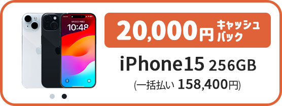 iPhone15 256GB 端末色の種類（ブルー、ブラック）、端末料金（一括払い 158,400円）