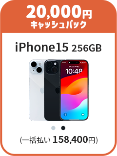 iPhone15 256GB 端末色の種類（ブルー、ブラック）、端末料金（一括払い 158,400円）